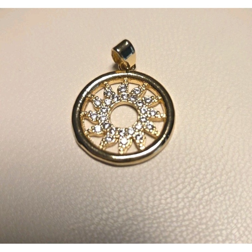 Gold Tone Sun Round Charm Pendant, Clear Crystal Accents, Metal .75"